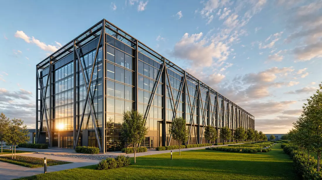 Photorealistisches Architektur-Render eines gläsernen Rechenzentrums bei Sonnenuntergang