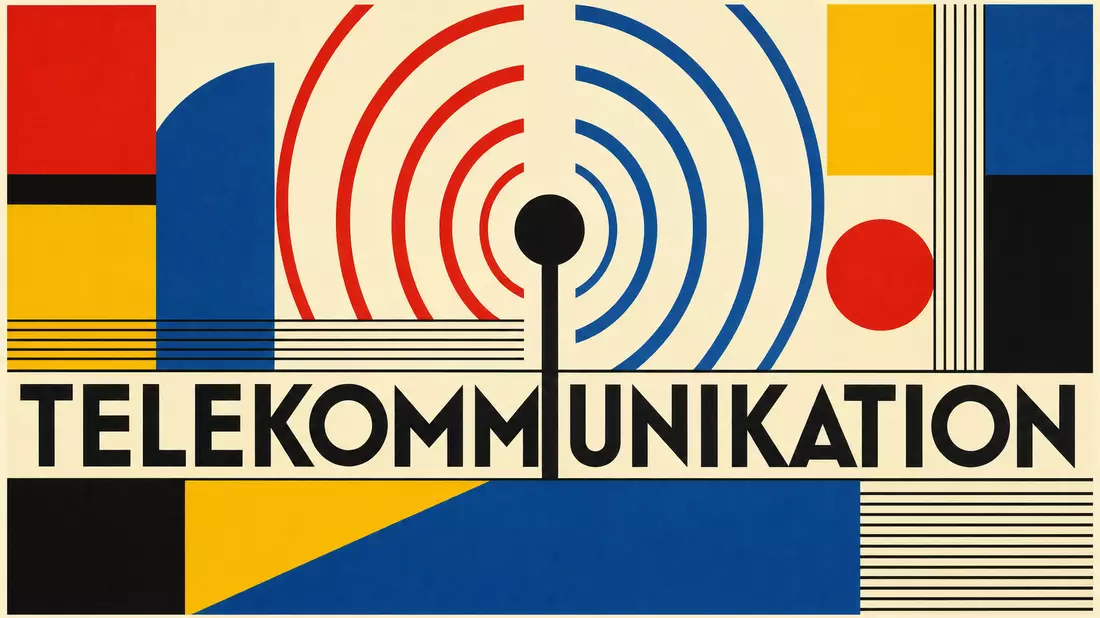 Bauhaus-Grafikposter mit TELEKOMMUNIKATION-Schrift und geometrischen Signalwellen
