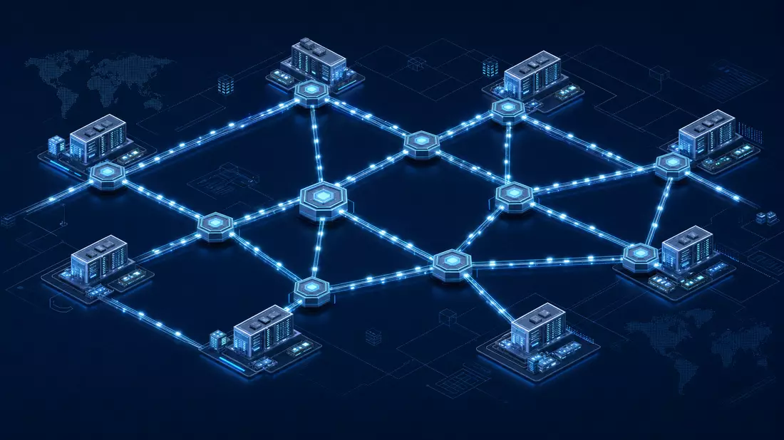 Isometrische 3D-Illustration eines leuchtenden Telekommunikations-Netzwerk-Backbones
