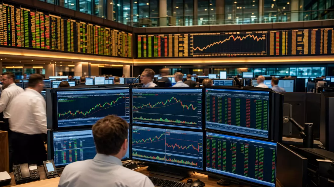 Editorial-Foto belebter Frankfurter Börse mit Handelsterminals und Telekommunikations-Kursdiagrammen
