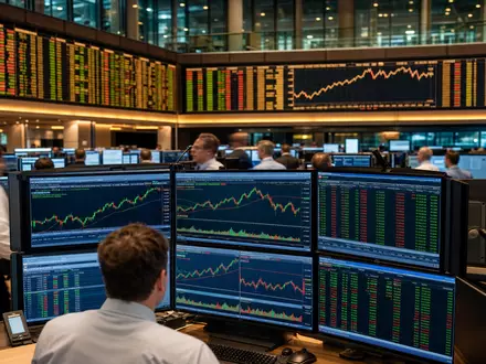 Frankfurter Börsen-Editorial zeigt Händler vor Telekommunikations-Charts und verbindet Finanzwelt mit 1&1 AG DE0005545503 - Foto: THN