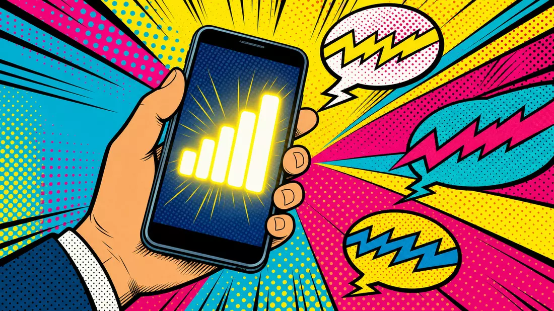 Lichtenstein-Pop-Art-Illustration eines Smartphones mit Signalbalken und bunten Sprechblasen