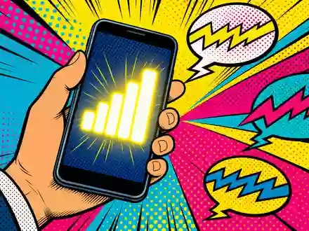 Pop-Art-Comic mit stilisiertem Smartphone und Signalbalken symbolisiert Mobilfunkstärke der 1&1 AG DE0005545503 - Foto: THN