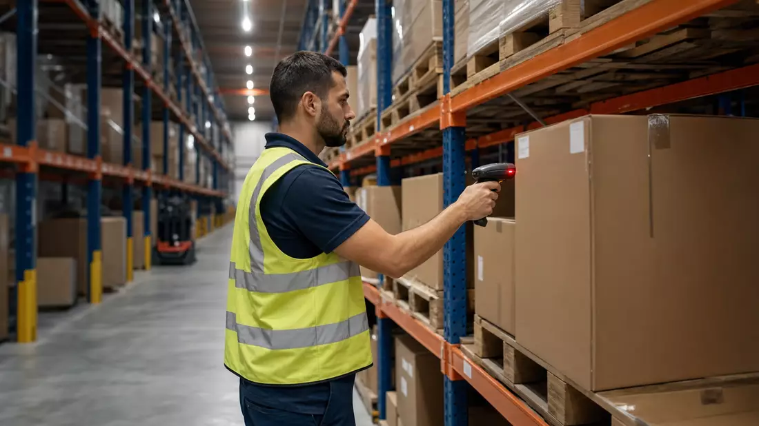 Lagerarbeiter scannt Karton mit Handscanner in modernem Distributionszentrum