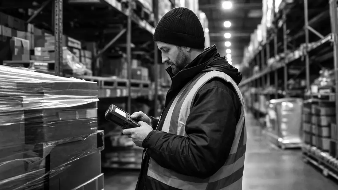 Schwarzweißfoto eines Lagerarbeiters mit robustem mobilem Datenerfassungsgerät