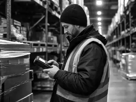 Zebra Technologies (US9892071054) dokumentiert einen Mitarbeiter mit mobilem Handheld-Computer in einer SchwarzweiĂ-Reportage-Aufnahme - Foto: THN