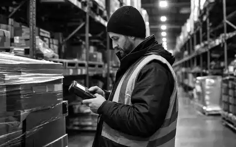 Zebra Technologies (US9892071054) dokumentiert einen Mitarbeiter mit mobilem Handheld-Computer in einer Schwarzweiß-Reportage-Aufnahme - Foto: THN