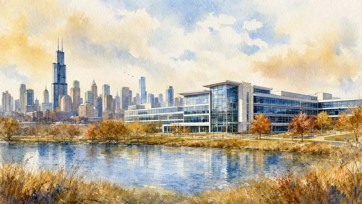 Aquarellmalerei der Chicago-Skyline mit Technologiecampus bei Sonnenuntergang