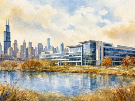 Zebra Technologies (US9892071054) mit Firmensitz nahe Chicago dargestellt als sanftes Aquarellgemälde der Skyline - Foto: THN