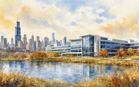Zebra Technologies (US9892071054) mit Firmensitz nahe Chicago dargestellt als sanftes Aquarellgemälde der Skyline - Foto: THN