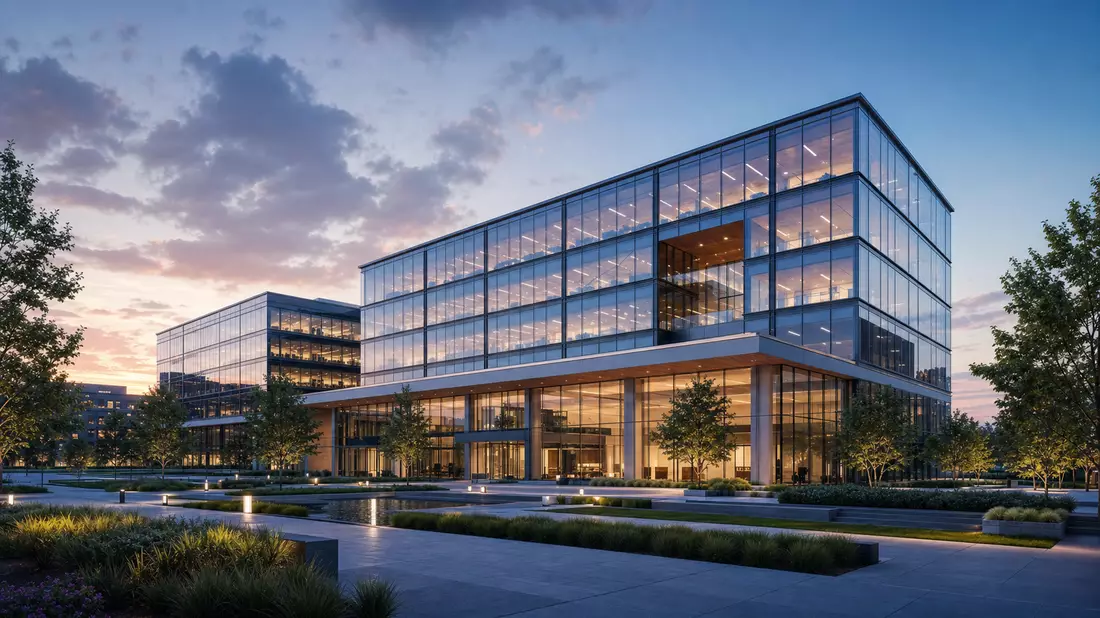 Architektur-Render eines Glas-Bürogebäudes mit warmem Innenlicht bei Dämmerung