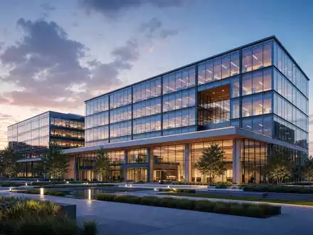 Zebra Technologies (US9892071054) präsentiert ein modernes Glas-Firmengebäude als architektonisches 3D-Render bei Dämmerung - Foto: THN