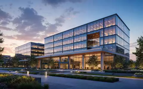 Zebra Technologies (US9892071054) präsentiert ein modernes Glas-Firmengebäude als architektonisches 3D-Render bei Dämmerung - Foto: THN