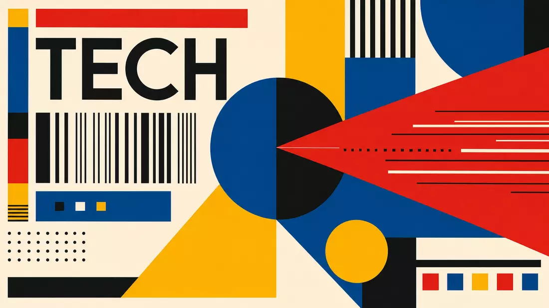 Geometrisches Bauhaus-Poster mit bunten Formen, Barcode-Linien und Wort TECH