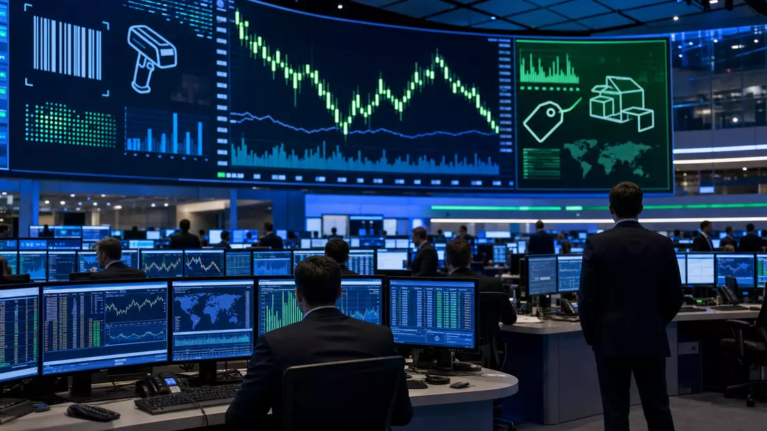 Börsen-Trading-Floor mit Bildschirmen, Kurscharts und Symbolen für Barcode-Logistik