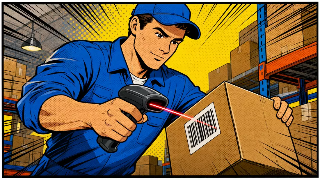 Pop-Art-Comic zeigt Arbeiter mit Handscanner beim Scannen eines Pakets im Lager