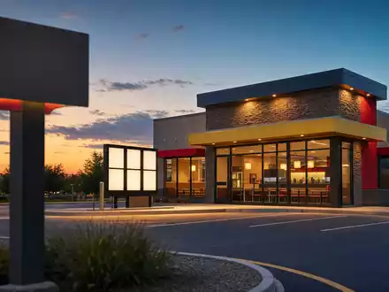 Fotorealistisches Fast-Food-Restaurant bei Abenddämmerung symbolisiert Yum! Brands Inc. ISIN US9884981013 im Systemgastronomie-Sektor - Foto: THN