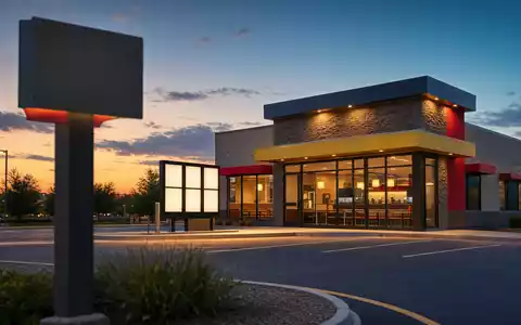 Fotorealistisches Fast-Food-Restaurant bei Abenddämmerung symbolisiert Yum! Brands Inc. ISIN US9884981013 im Systemgastronomie-Sektor - Foto: THN