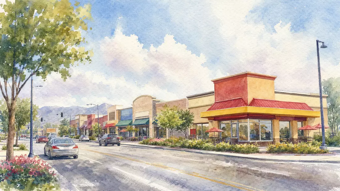 Aquarellbild einer Vorstadtstraße mit Restaurant, Yum! Brands Inc. US9884981013