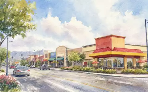 Aquarellmalerei einer Vorstadtstraße mit Schnellrestaurant illustriert Geschäftsumfeld von Yum! Brands Inc. ISIN US9884981013 künstlerisch - Foto: THN