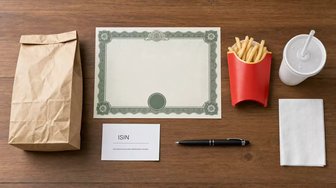 Flatlay mit Aktienzertifikat und ISIN-Karte, Yum! Brands Inc. US9884981013