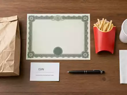 Flatlay mit Aktienzertifikat, ISIN-Karte und Fast-Food-Utensilien repräsentiert Aktie von Yum! Brands Inc. ISIN US9884981013 - Foto: THN