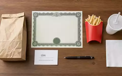 Flatlay mit Aktienzertifikat, ISIN-Karte und Fast-Food-Utensilien repräsentiert Aktie von Yum! Brands Inc. ISIN US9884981013 - Foto: THN