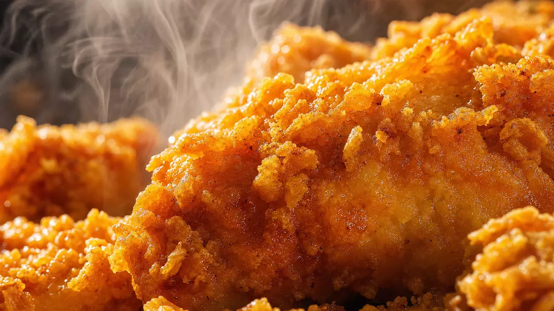 Makroaufnahme knusprig frittierter Speise mit Dampf, Yum! Brands Inc. US9884981013
