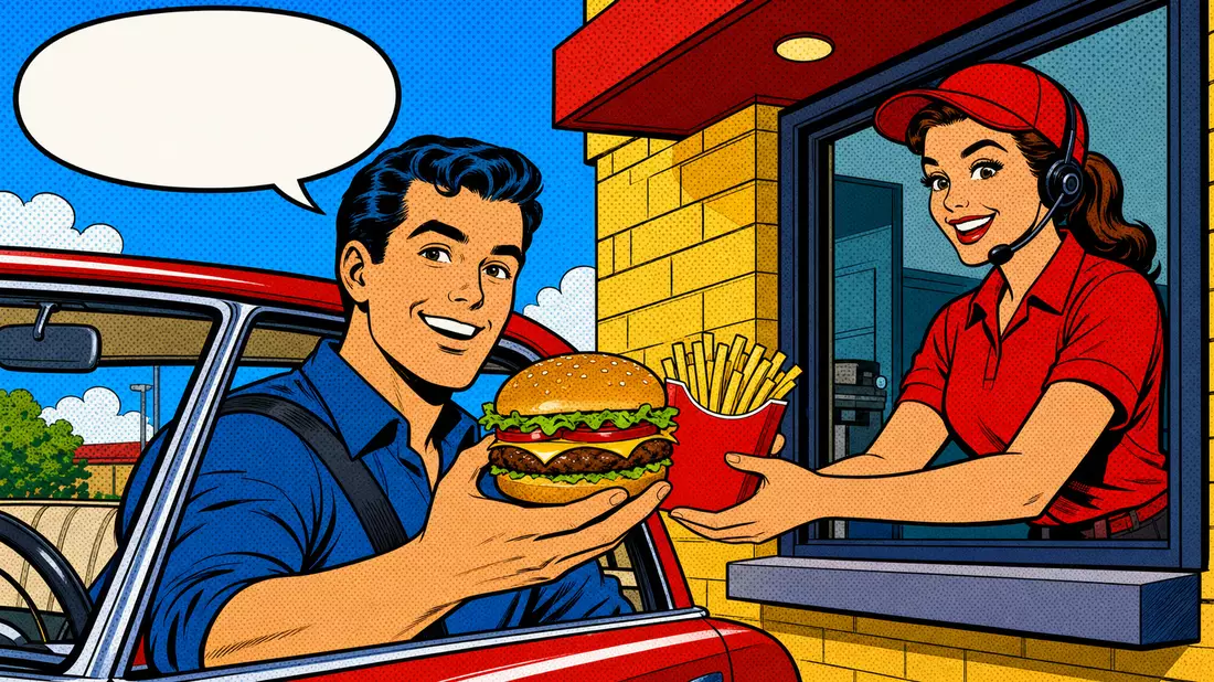 Pop-Art-Comic mit Drive-Thru-Szene, farbenfroh, Yum! Brands Inc. US9884981013