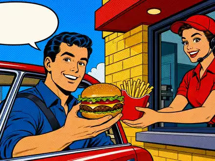 Farbenfrohe Pop-Art-Comicszene an einem Drive-Thru-Schalter passt thematisch zu Yum! Brands Inc. ISIN US9884981013 - Foto: THN