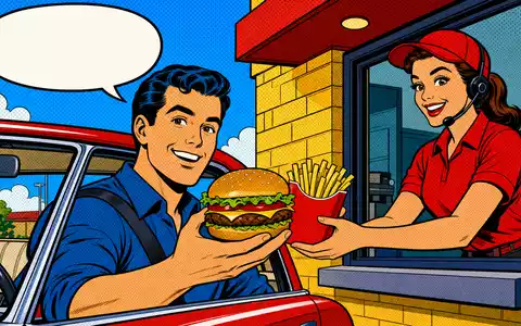 Farbenfrohe Pop-Art-Comicszene an einem Drive-Thru-Schalter passt thematisch zu Yum! Brands Inc. ISIN US9884981013 - Foto: THN