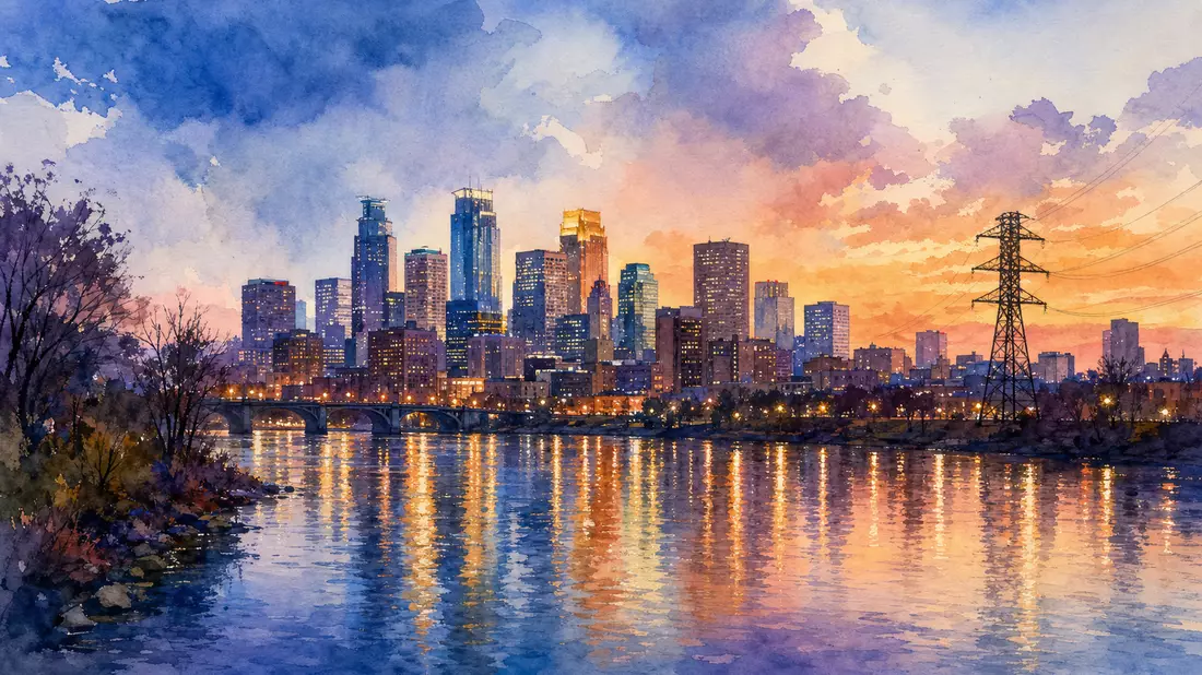 Aquarellmalerei der Minneapolis-Skyline bei Dämmerung mit Strommast am Flussufer