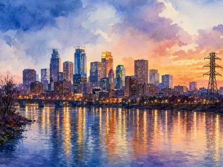 Xcel Energy Inc (ISIN US98389B1008) beliefert Minneapolis, dargestellt als stimmungsvolles Aquarell mit Strommast am Flussufer - Foto: THN
