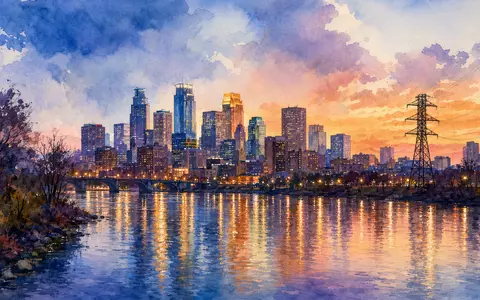 Xcel Energy Inc (ISIN US98389B1008) beliefert Minneapolis, dargestellt als stimmungsvolles Aquarell mit Strommast am Flussufer - Foto: THN