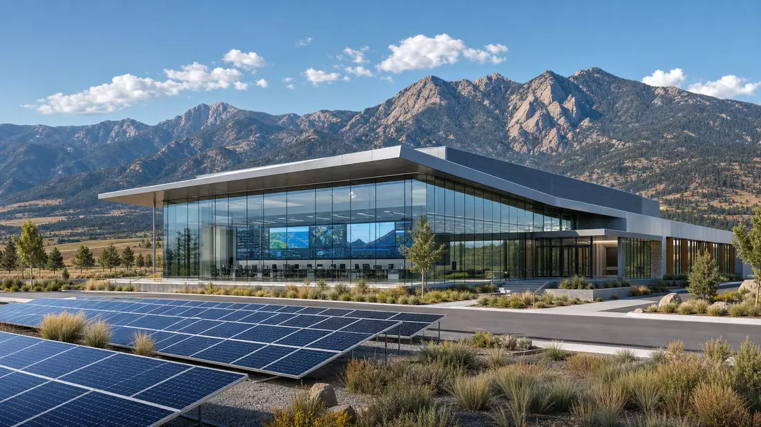 Architektur-Render einer modernen Energiezentrale mit Solarpanels vor Bergkulisse