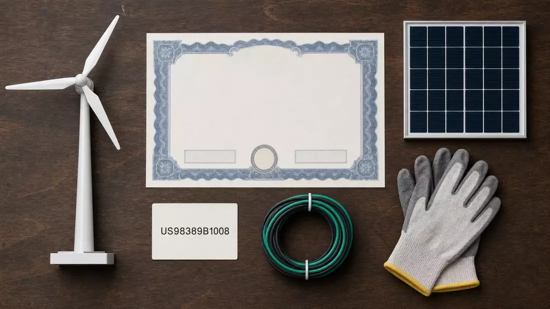Flatlay mit Aktienzertifikat, ISIN-Karte, Mini-Windrad und Solarpanel auf Holztisch