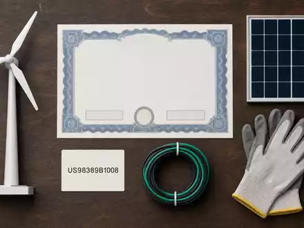 Xcel Energy Inc (ISIN US98389B1008) symbolisiert Flatlay mit Aktienzertifikat, ISIN-Karte, Windrad-Modell und Solarpanel-Muster - Foto: THN