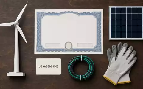 Xcel Energy Inc (ISIN US98389B1008) symbolisiert Flatlay mit Aktienzertifikat, ISIN-Karte, Windrad-Modell und Solarpanel-Muster - Foto: THN