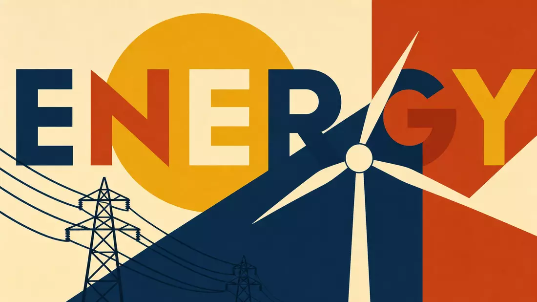 Bauhaus-Poster mit Windrad, Strommast, Sonne und großem Schriftzug ENERGY