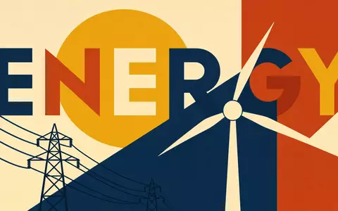 Xcel Energy Inc (ISIN US98389B1008) inspiriert geometrisches Bauhaus-Poster mit Windrad, Strommast und Schriftzug ENERGY - Foto: THN