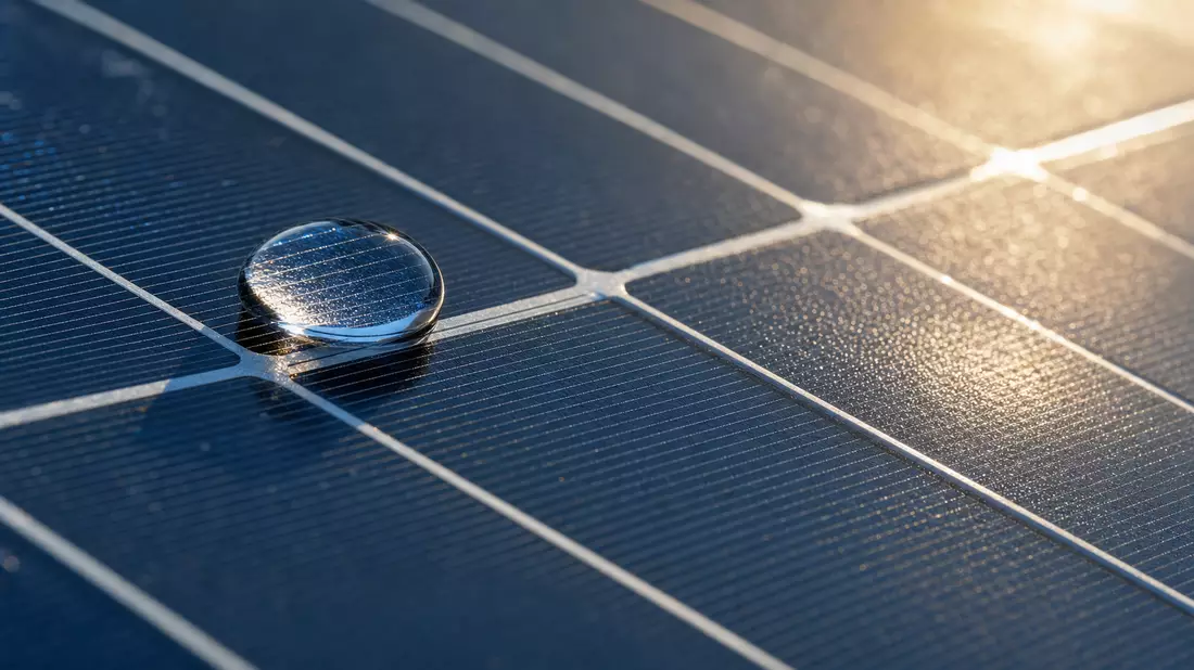 Makroaufnahme einer Solarzelle mit glänzendem Tautropfen im warmen Sonnenlicht