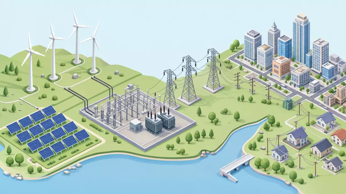Isometrische 3D-Grafik von Windpark, Solarfeld, Umspannwerk und Stadtnetz