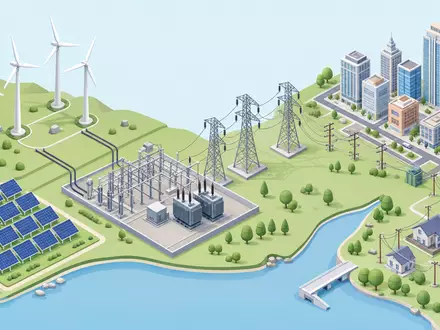 Xcel Energy Inc (ISIN US98389B1008) veranschaulicht Wertschöpfungskette als isometrische 3D-Grafik von Windpark bis Stadt - Foto: THN