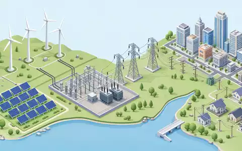 Xcel Energy Inc (ISIN US98389B1008) veranschaulicht Wertschöpfungskette als isometrische 3D-Grafik von Windpark bis Stadt - Foto: THN