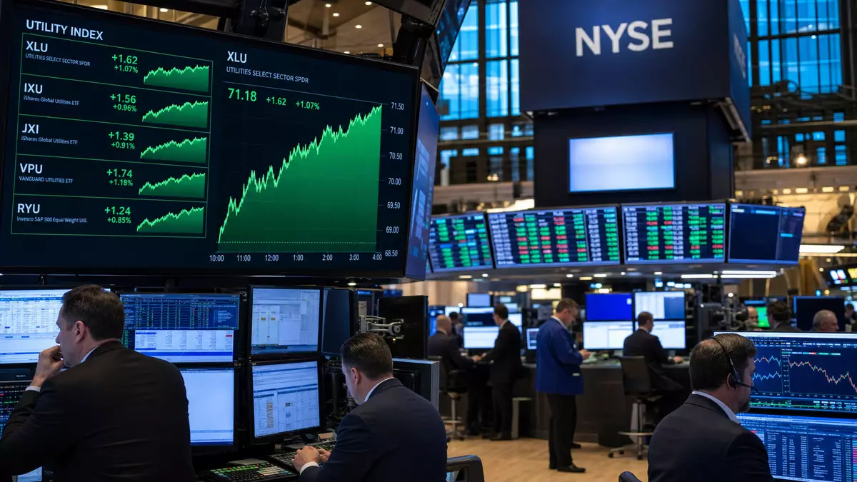 Börsenparkett der NYSE mit Bildschirmen und Utility-Index-Charts im Grünbereich