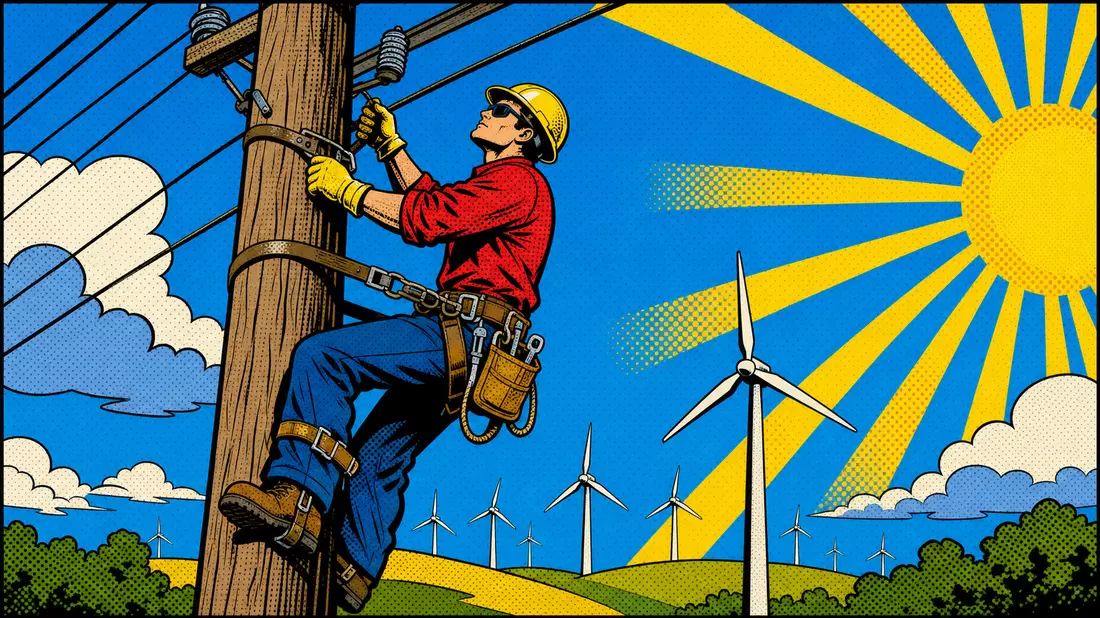 Pop-Art-Comic zeigt Elektriker am Mast mit Windrädern und strahlender Sonne