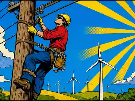 Xcel Energy Inc (ISIN US98389B1008) inspiriert bunte Pop-Art-Comic-Szene mit Elektriker und Windrädern unter Sonnenstrahlen - Foto: THN