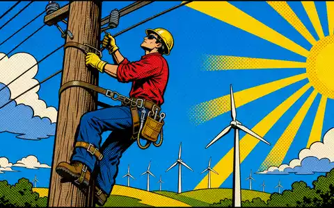 Xcel Energy Inc (ISIN US98389B1008) inspiriert bunte Pop-Art-Comic-Szene mit Elektriker und Windrädern unter Sonnenstrahlen - Foto: THN