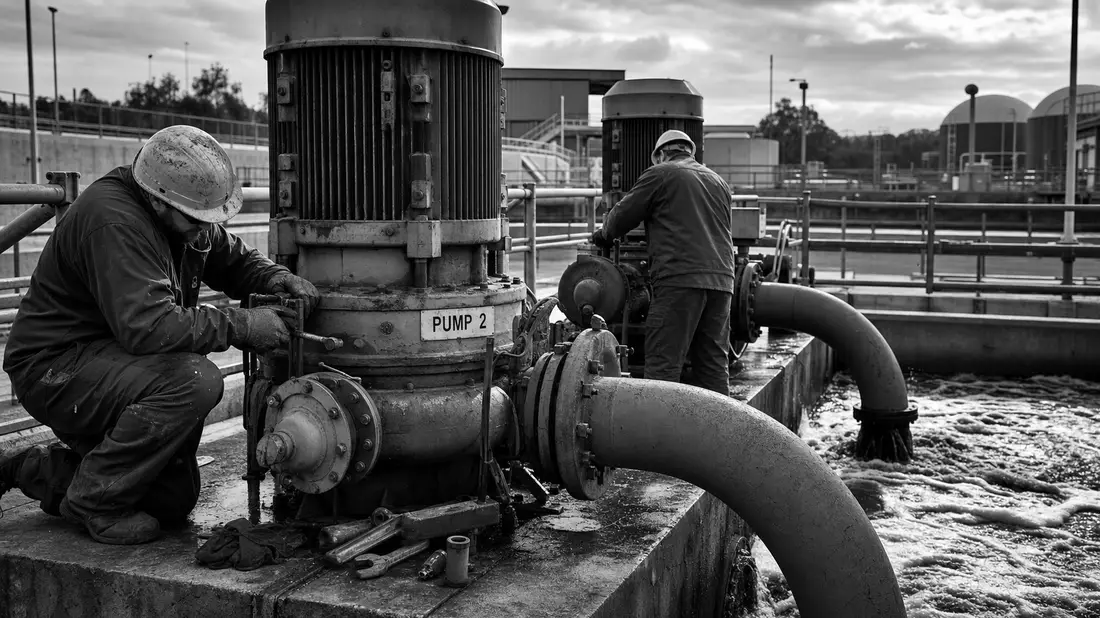 Dokumentarische Schwarzweißaufnahme von Arbeitern bei Wartung großer Industriepumpen