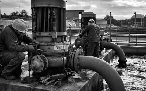 Schwarzweiß-Reportage zur Pumpenwartung steht sinnbildlich für Xylem Inc. (US98419M1009) und dessen globale Wasserinfrastruktur-Kompetenz - Foto: THN